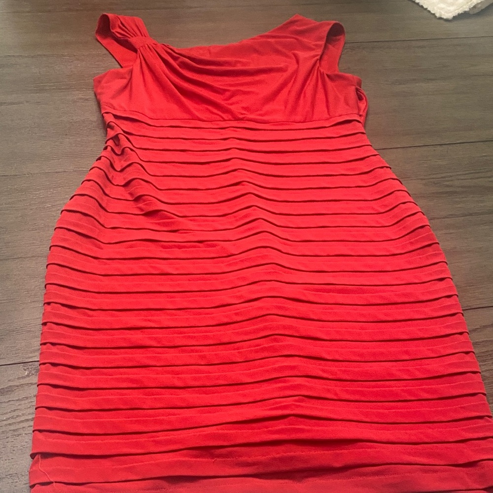 London Times Red One-Shoulder Layered Band Cocktail Dress